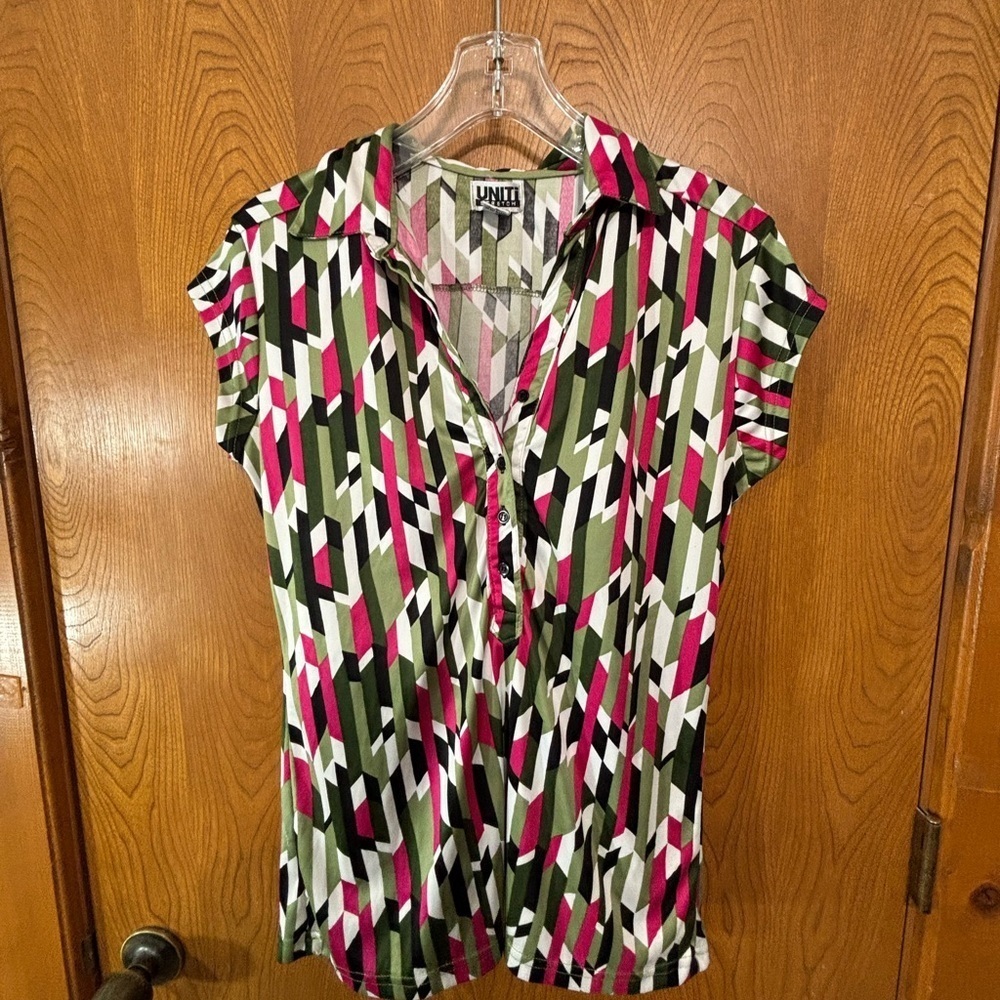 Vibrant Geometric Blouse - Pink, Green, Black